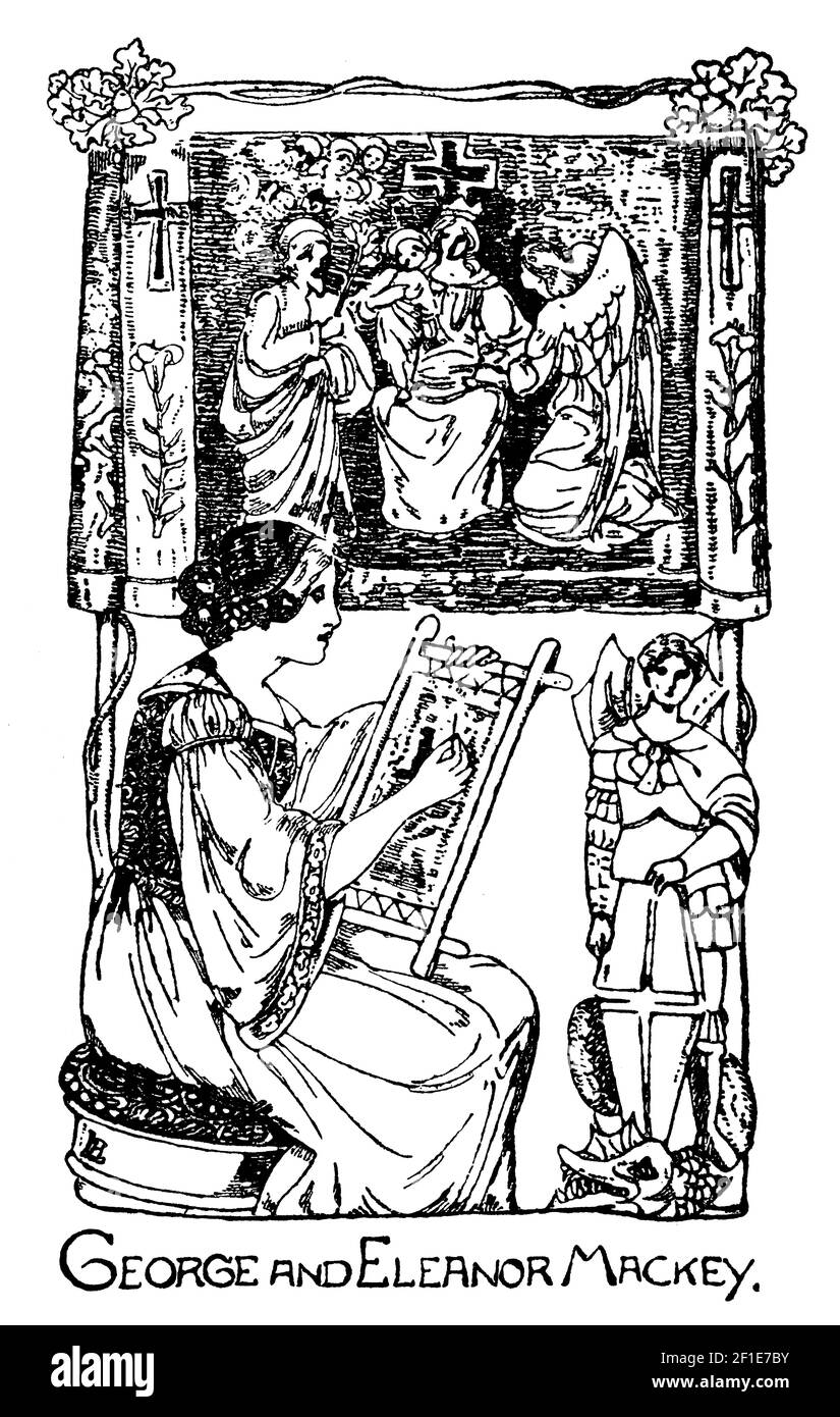 woman embroidering tapestry, bookplate for George and Eleanor Mackey designed by author, poet and illustrator Celia Levetus Stock Photo