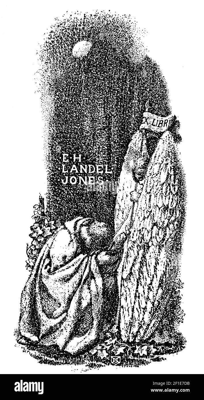 Angel with kneeling figure bookplate designed for E H Landel Jones by English artist Andreas Duncan Carse Stock Photo