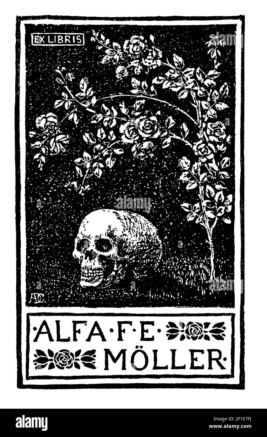 Macabre skull bookplate designed for Alfa F E Moller by British artist Andreas Duncan Carse Stock Photo