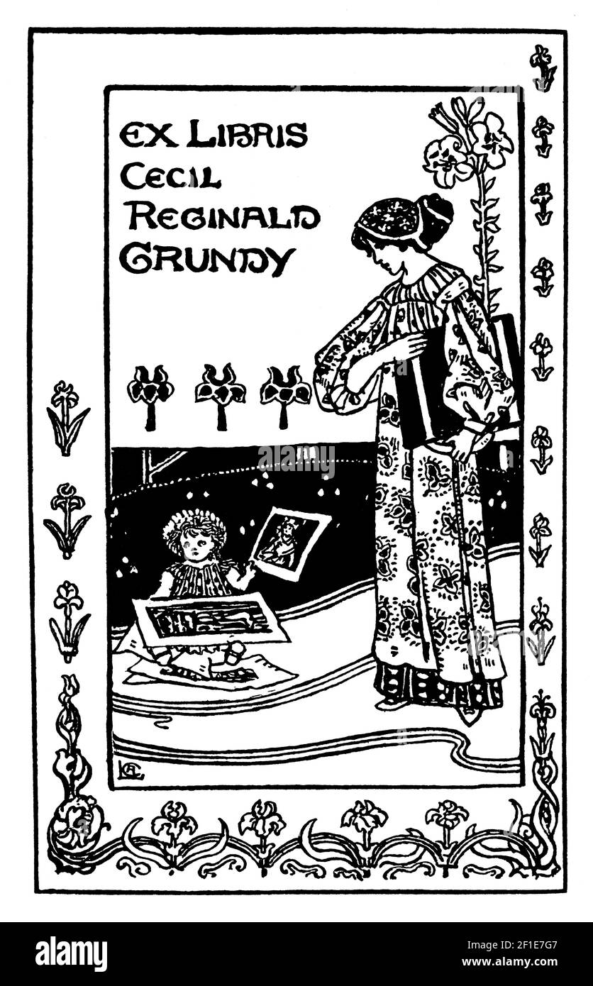 woman artist with folio and child holding pictures bookplate designed by author, poet and illustrator Celia Levetus Stock Photo