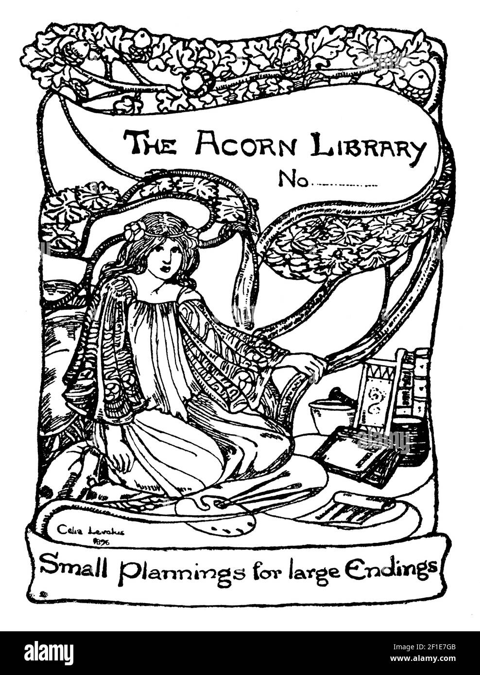 1896 woman artist bookplate designed for The Acorn Library by author, poet and illustrator Celia Levetus Stock Photo