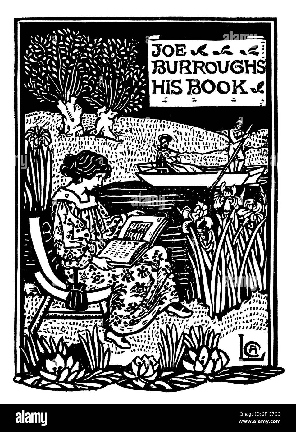 woman reading book on riverbank woodcut bookplate designed for Joe Burroughs by author, poet and illustrator Celia Levetus Stock Photo