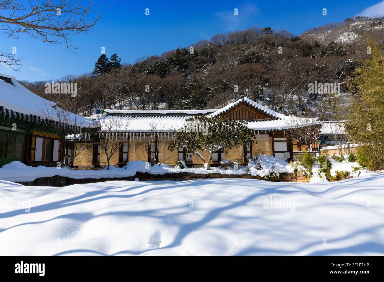 Winter scenery with snow-covered hanok. Baekyangsa Temple in Jeollanam-do, South Korea. Stock Photo