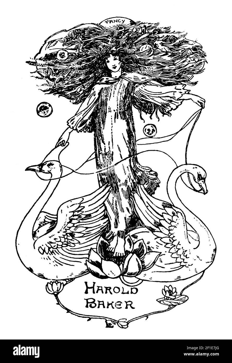 woman with two swans bookplate designed for Harold Baker by author, poet and illustrator Celia Levetus Stock Photo