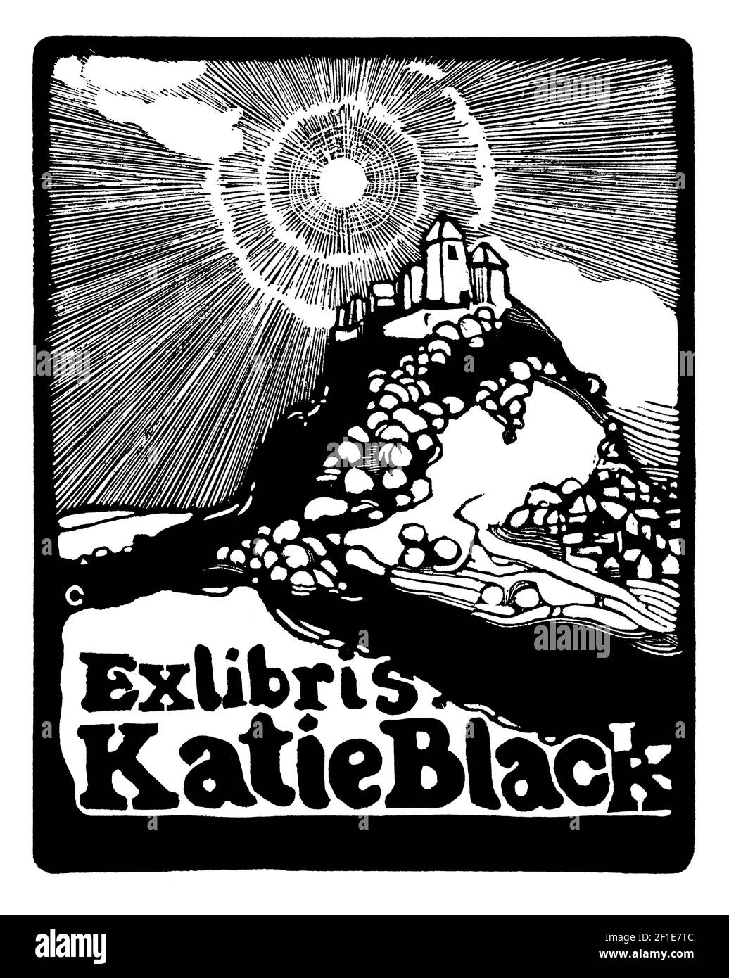Katie Black castle on rocky hill at sunrise woodcut bookplate, designed by Edward Gordon Craig Stock Photo