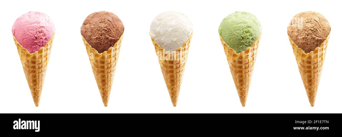 Set of ice cream scoops in waffle cone - strawberry, chocolate, green ...