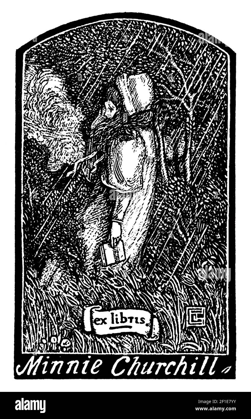 Minnie Churchill bookplate designed by Scots artist, typographer, wood-engraver and printer, James Guthrie Stock Photo