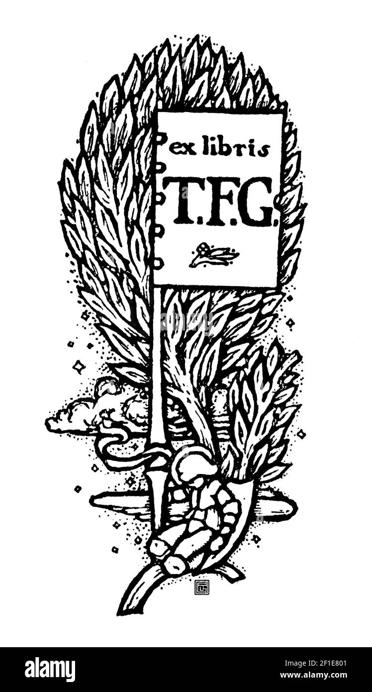 TFG, (T F Guthrie) minimalist initials bookplate designed by Scots artist, typographer, wood-engraver and printer, James Guthrie Stock Photo