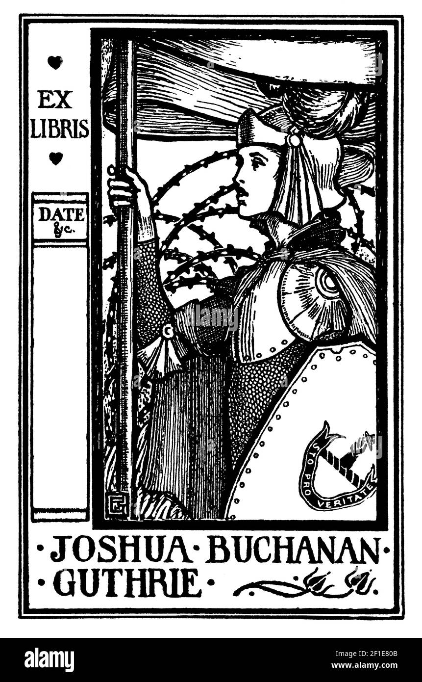 Joshua Buchanan Guthrie knight in armour bookplate designed by Scots artist, typographer, wood-engraver and printer, James Guthrie Stock Photo