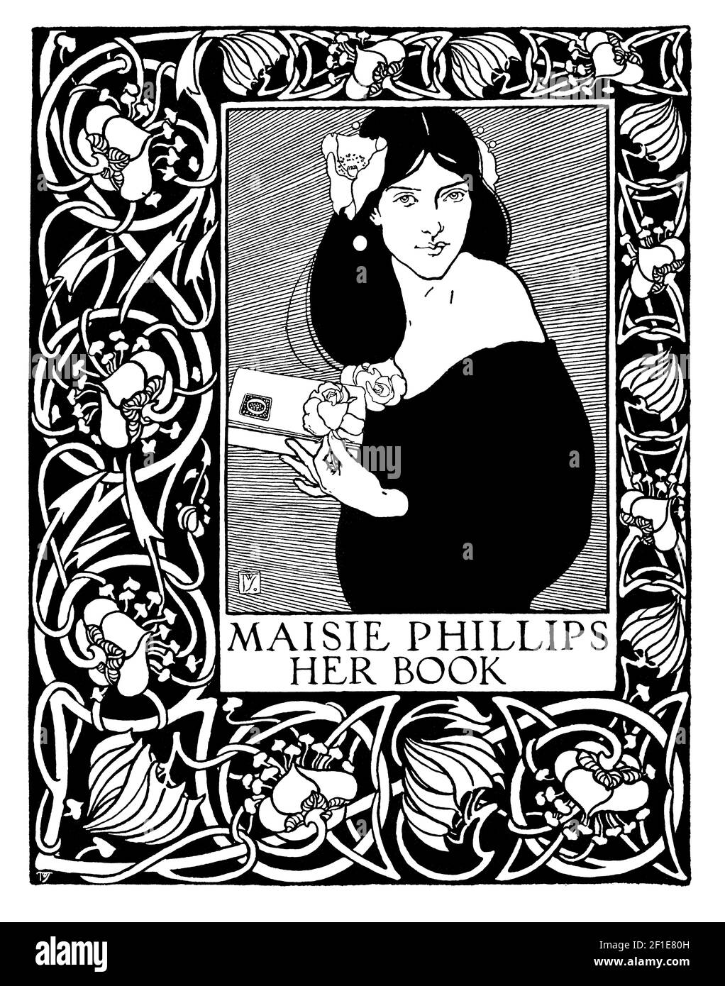 Maisie Phillips bookplate with border designed by British artist and designer Joseph W Simpson (1879 - 1939) Stock Photo