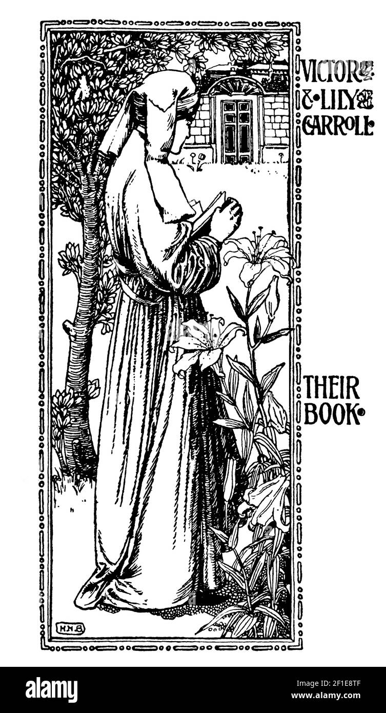 Woman in medieval garden bookplate designed for Victor and Lily Carroll by British artist Henry Herbert Bulman Stock Photo