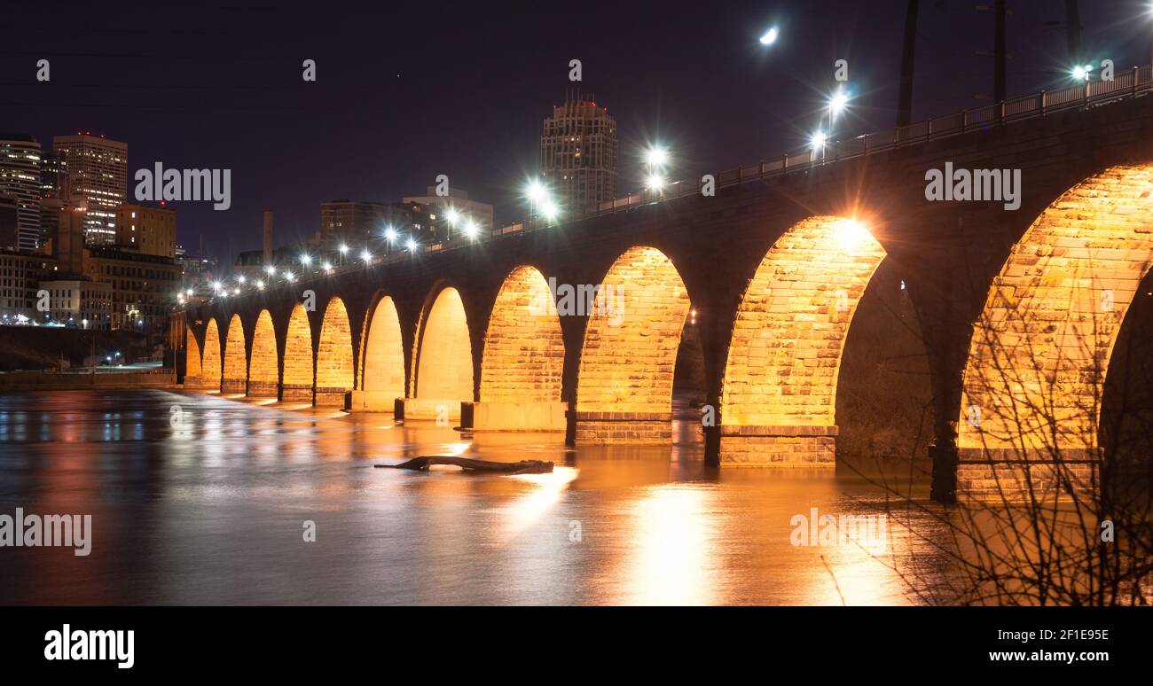 Stone Arch Bridge St Paul Minnesota Mississippi River Night Stock Photo