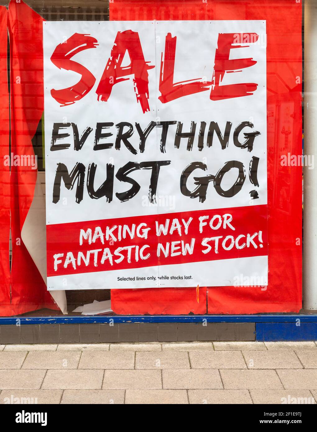 Sale Everything Must Go stock clearance shop window sales poster, UK