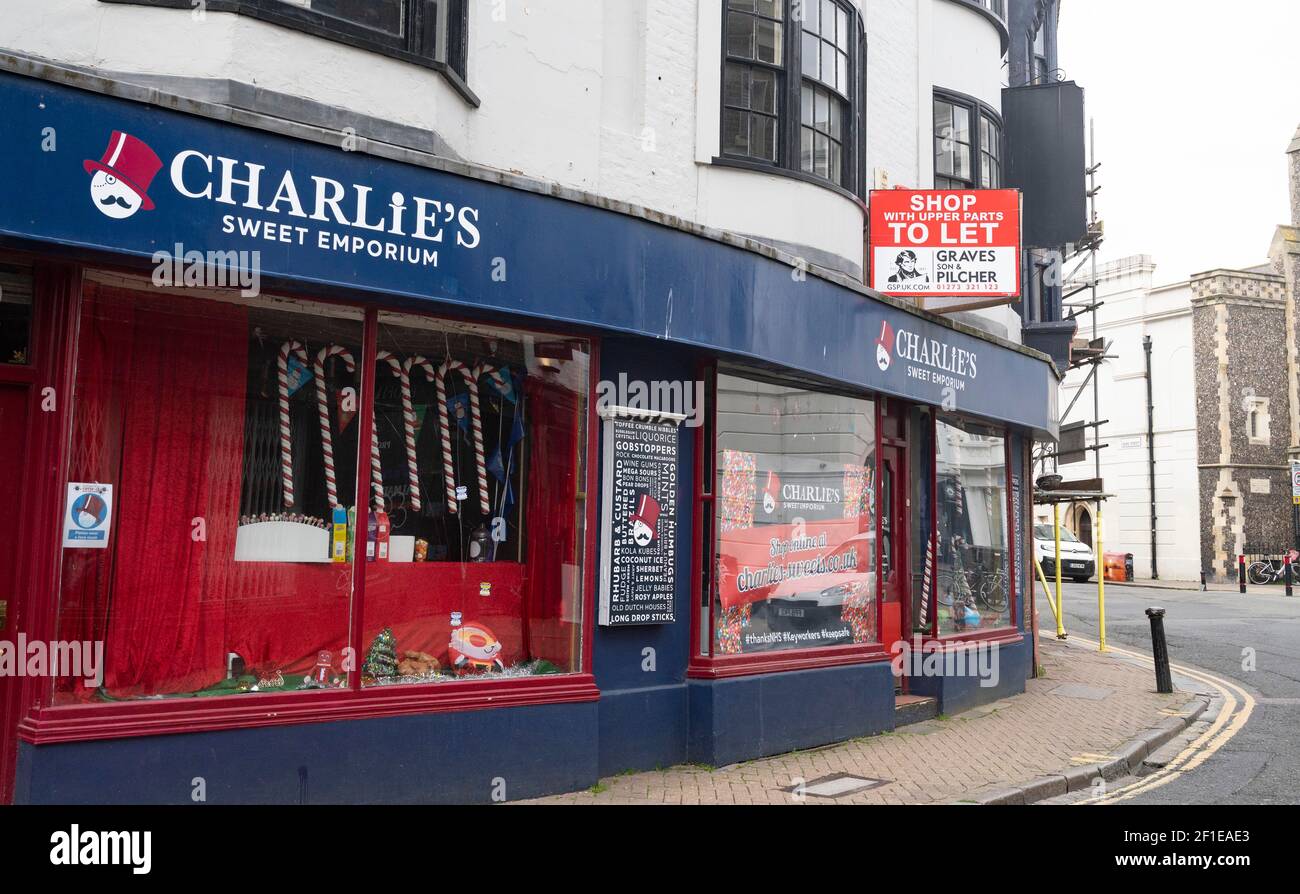 Charlie's Sweet Emporium shop in Ship Street Brighton which is closed during lockdown Stock Photo