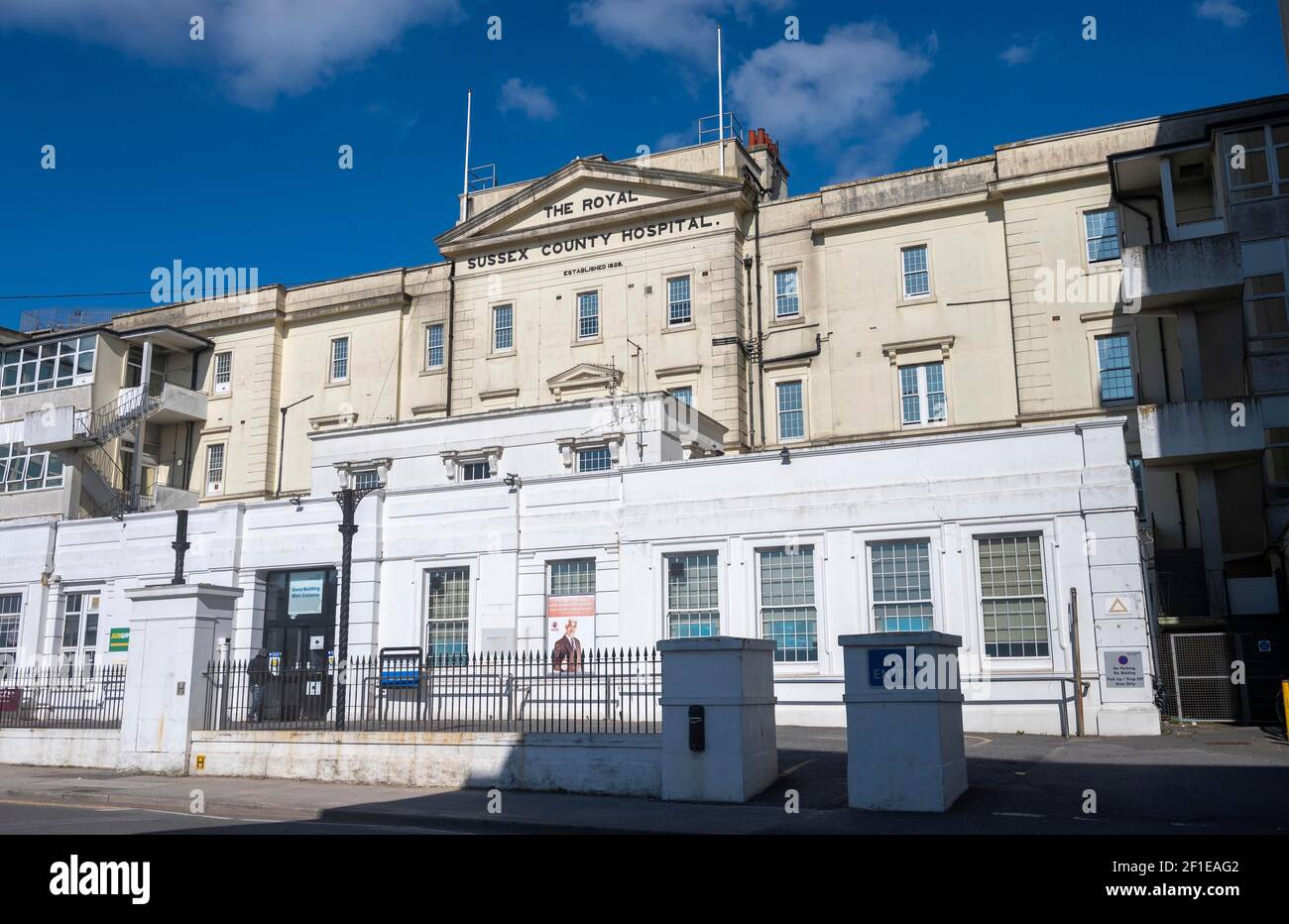 The old entrance and buildings of Royal Sussex County Hospital RSCH in Eastern Road Brighton Stock Photo