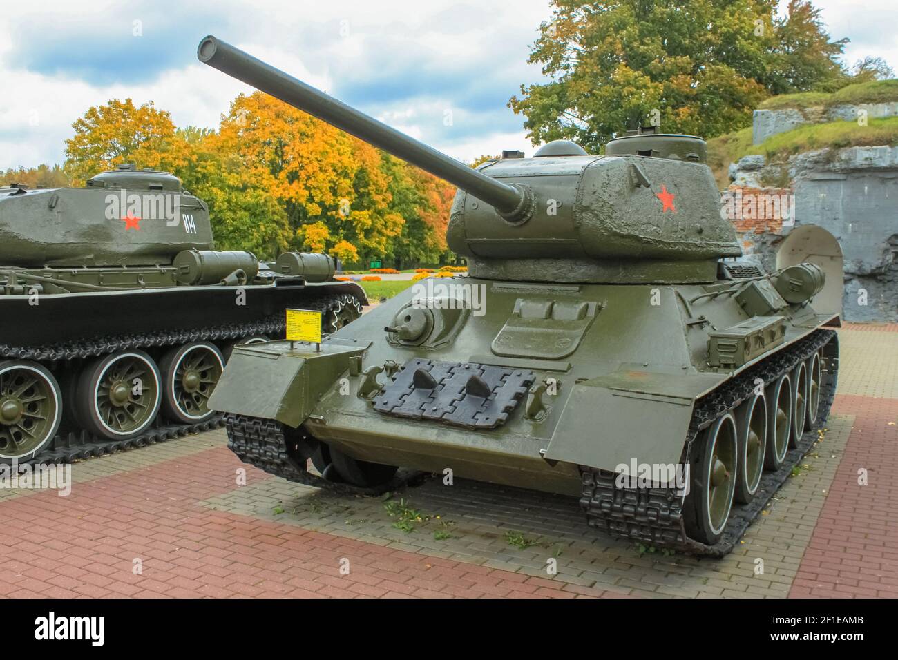 Brest, Belarus - October 5, 2012: Soviet T-34 tank of the latest modification with an 85-mm gun in the Brest Fortress memorial complex Stock Photo