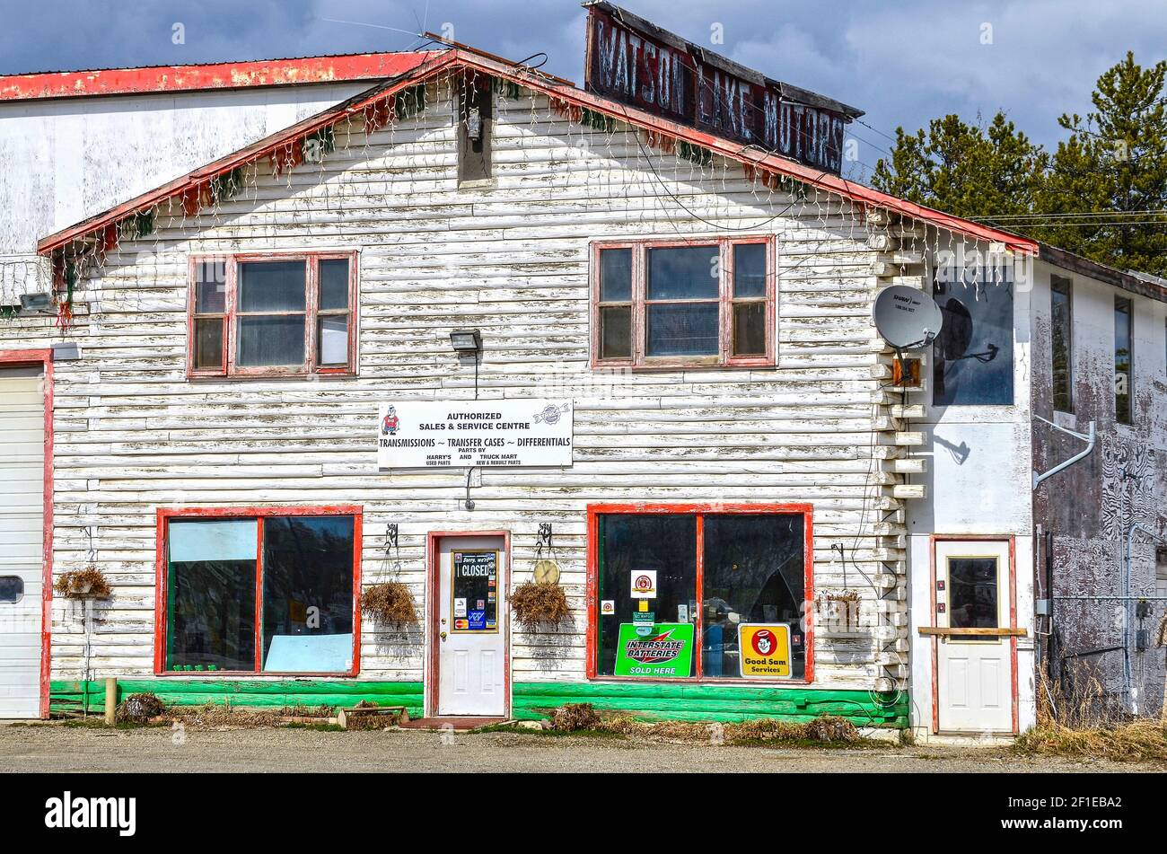 WATSON LAKE, YUKON, CANADA - MAY 19, 2012: Old gas station on Alaska Highway, Watson Lake, near the famous Sign Post Forest Stock Photo