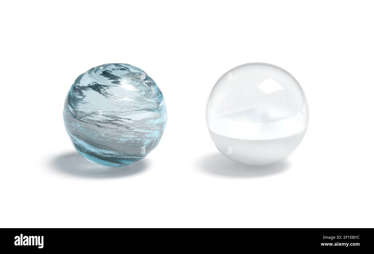Blank water and snow ball mockup, isolated, 3d rendering. Empty aqua and snowy glob surface mock up. Clear aq blue and transparent snowball form textu Stock Photo