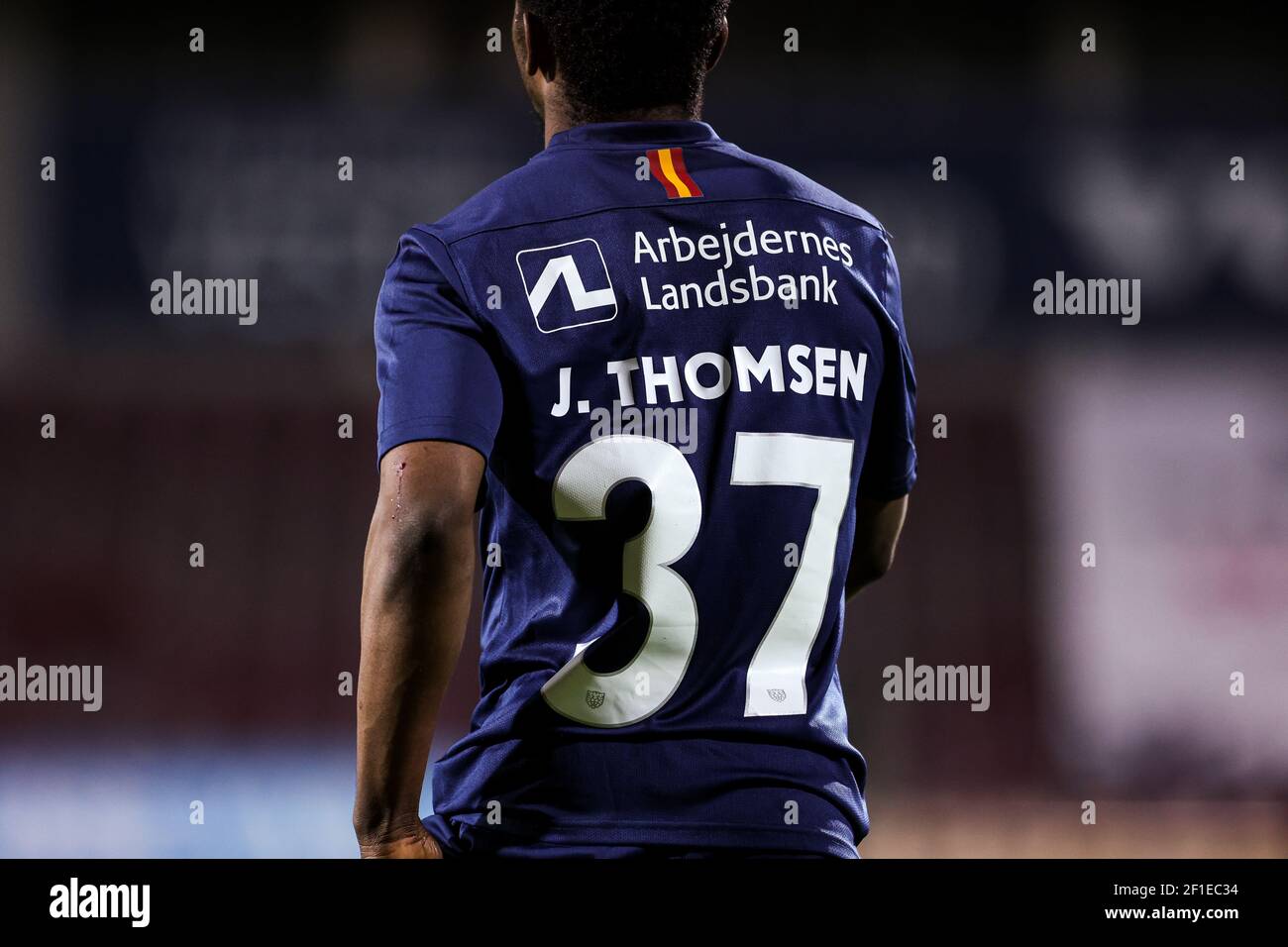 Farum, Denmark. 7th Mar, 2021. On the occasion of International Women's Day, players of FC Nordsjaelland wore custom names on their shirts, as a tribute to local women who are working in healt care, in the front line of battling Covid-19. Heres Ibrahim sadiq (37) with the name 'J. Thomsen' on his back. Seen during the 3F Superliga match between FC Nordsjaelland and AC Horsens in Right to Dream Park in Farum. (Photo Credit: Gonzales Photo/Alamy Live News Stock Photo