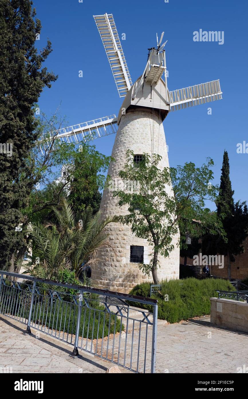 The windmill at Yemin Moshe, Jerusalem was erected by Moshe Moses Montefiore in 1857 for grinding grain into flour Stock Photo