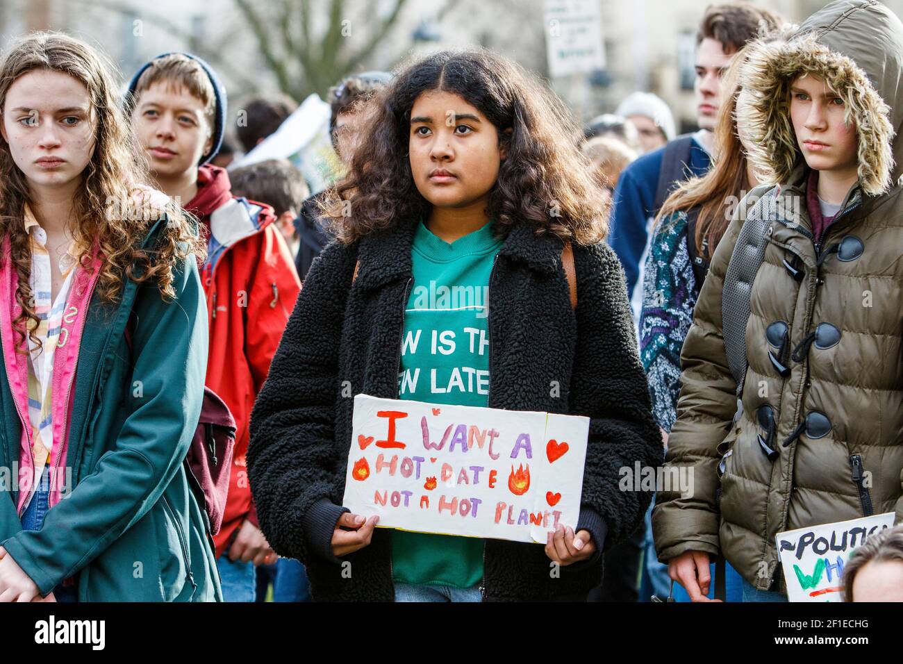 Bristol college student protesters and school children are pictured taking part in a Youth Strike 4 Climate change protest march in Bristol 14-02-20 Stock Photo