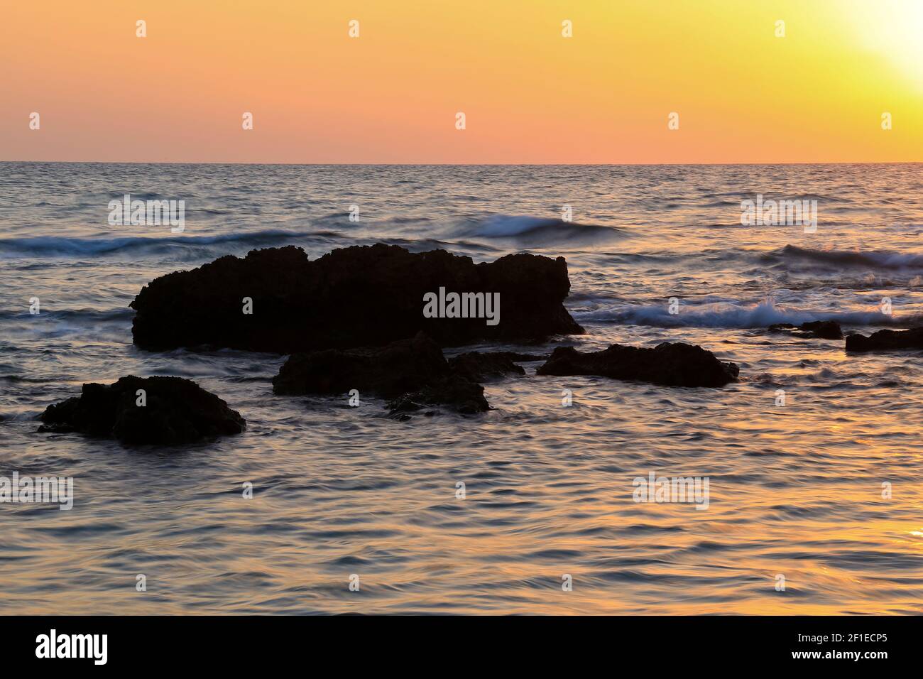 Sun setting over the Mediterranean Sea, Israel Stock Photo