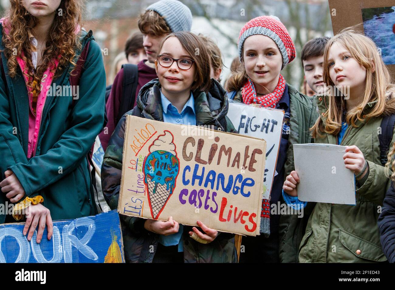 Bristol college student protesters and school children are pictured taking part in a Youth Strike 4 Climate change protest march in Bristol 14-02-20 Stock Photo