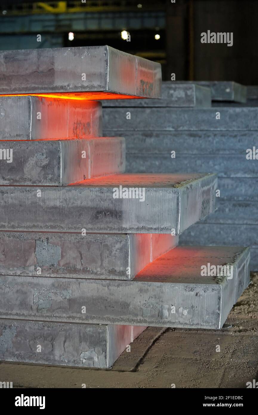 Stack Of Hot Steel Plate in Steel Plant Stock Photo