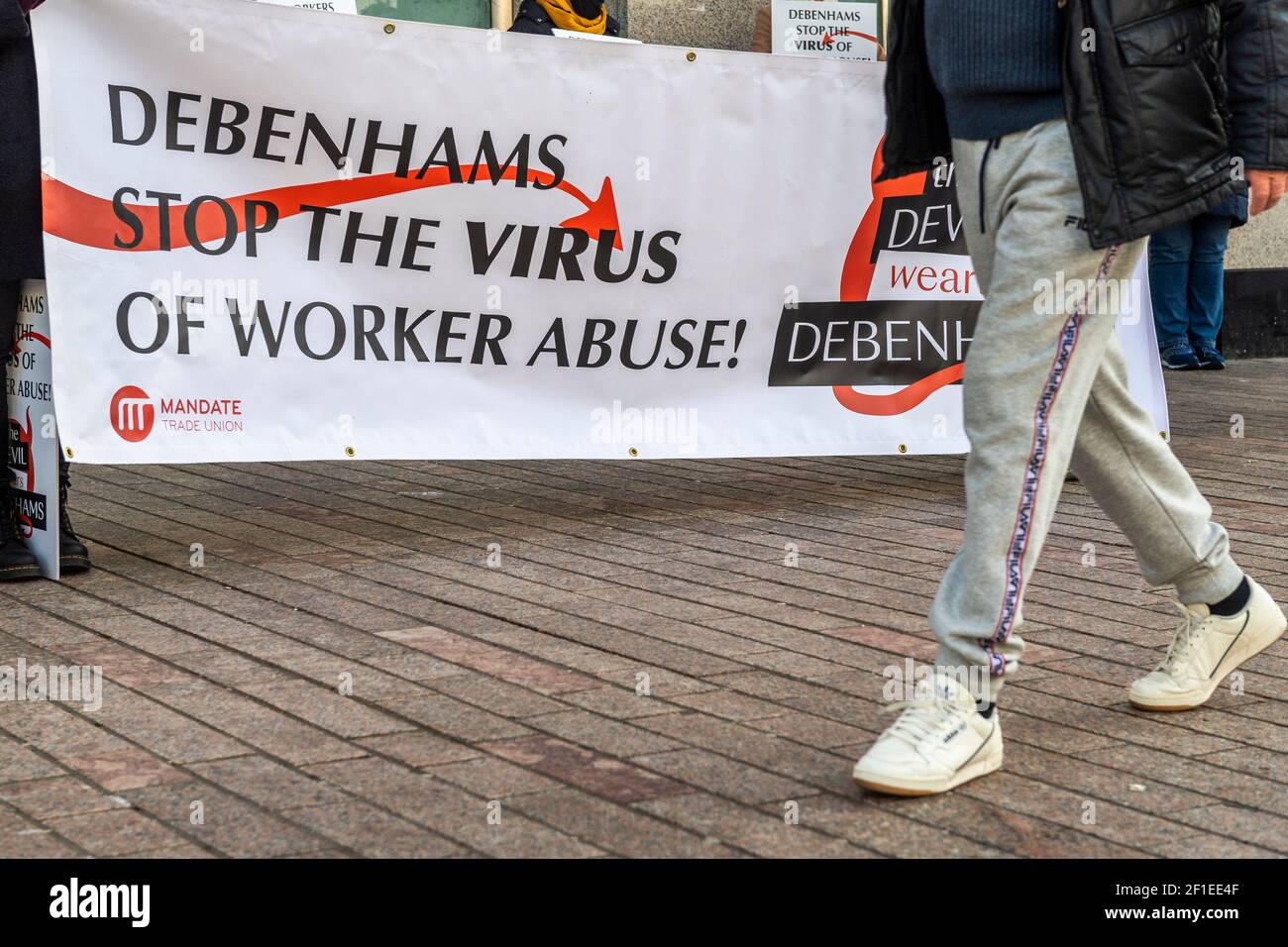 Cork, Ireland. 8th Mar, 2021. Around 25 ex-Debenhams and Arcadia supporters gathered outside the Patrick Street store this morning to protest on International Womens Day. Today marks day 333 of the workers picket. Credit: AG News/Alamy Live News Stock Photo