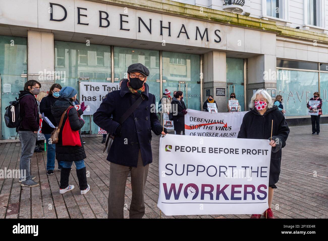 Cork, Ireland. 8th Mar, 2021. Around 25 ex-Debenhams and Arcadia supporters gathered outside the Patrick Street store this morning to protest on International Womens Day. Today marks day 333 of the workers picket. Credit: AG News/Alamy Live News Stock Photo