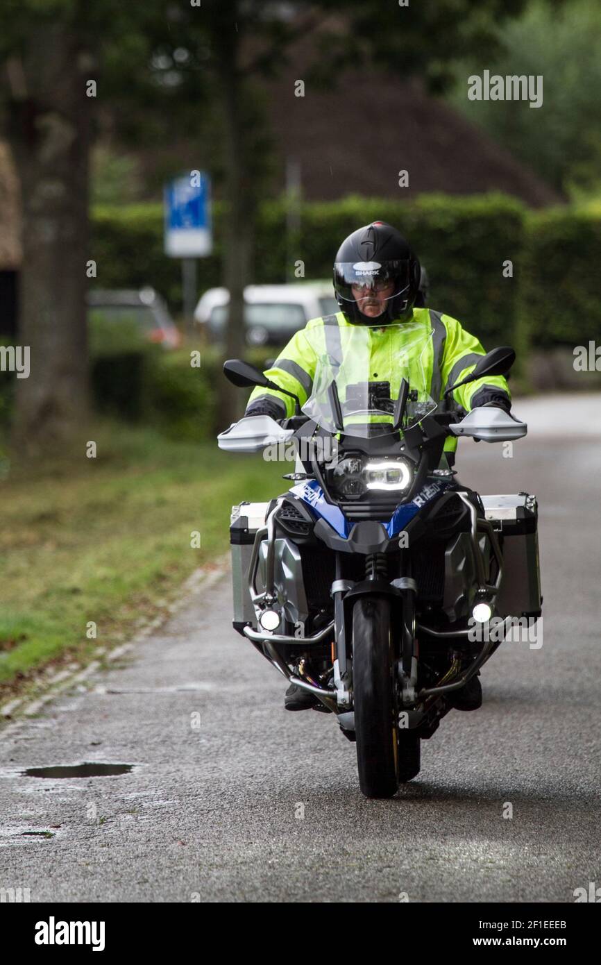 Motorcyclist Photographed in Giethoorn a town in the province of Overijssel, Netherlands It is located in the municipality of Steenwijkerland, about 5 Stock Photo