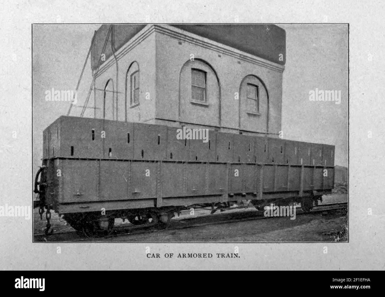 Car of Armored Train from the book ' Boer and Britisher in South Africa; a history of the Boer-British war and the wars for United South Africa, together with biographies of the great men who made the history of South Africa ' By Neville, John Ormond Published by Thompson & Thomas, Chicago, USA in 1900 Stock Photo