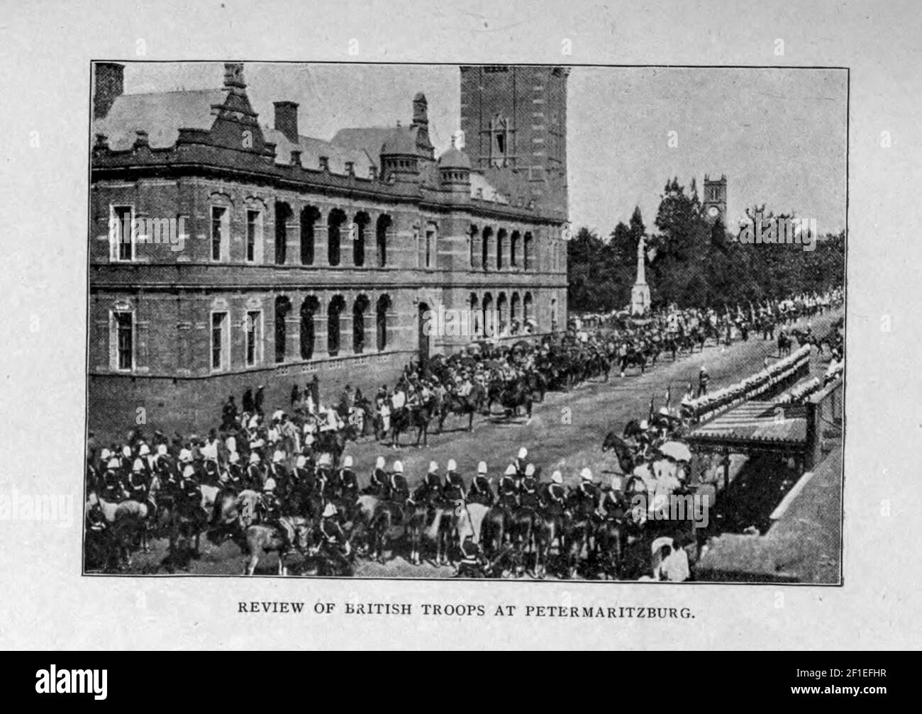 Review of British Troops at Petermaritzburg from the book ' Boer and Britisher in South Africa; a history of the Boer-British war and the wars for United South Africa, together with biographies of the great men who made the history of South Africa ' By Neville, John Ormond Published by Thompson & Thomas, Chicago, USA in 1900 Stock Photo