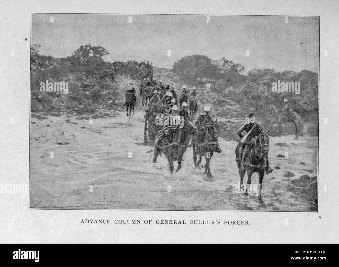 Advance column of General Buller's Forces from the book ' Boer and Britisher in South Africa; a history of the Boer-British war and the wars for United South Africa, together with biographies of the great men who made the history of South Africa ' By Neville, John Ormond Published by Thompson & Thomas, Chicago, USA in 1900 Stock Photo