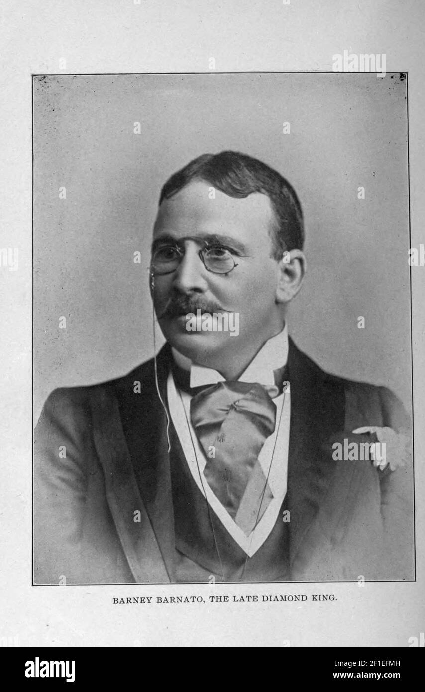 Barney Barnato, The late Diamond King [Barney Barnato (21 February 1851 – 14 June 1897), born Barnet Isaacs, was a British Randlord, one of the entrepreneurs who gained control of diamond mining, and later gold mining, in South Africa from the 1870s. He is perhaps best remembered as being a rival of Cecil Rhodes]. from the book ' Boer and Britisher in South Africa; a history of the Boer-British war and the wars for United South Africa, together with biographies of the great men who made the history of South Africa ' By Neville, John Ormond Published by Thompson & Thomas, Chicago, USA in 1900 Stock Photo