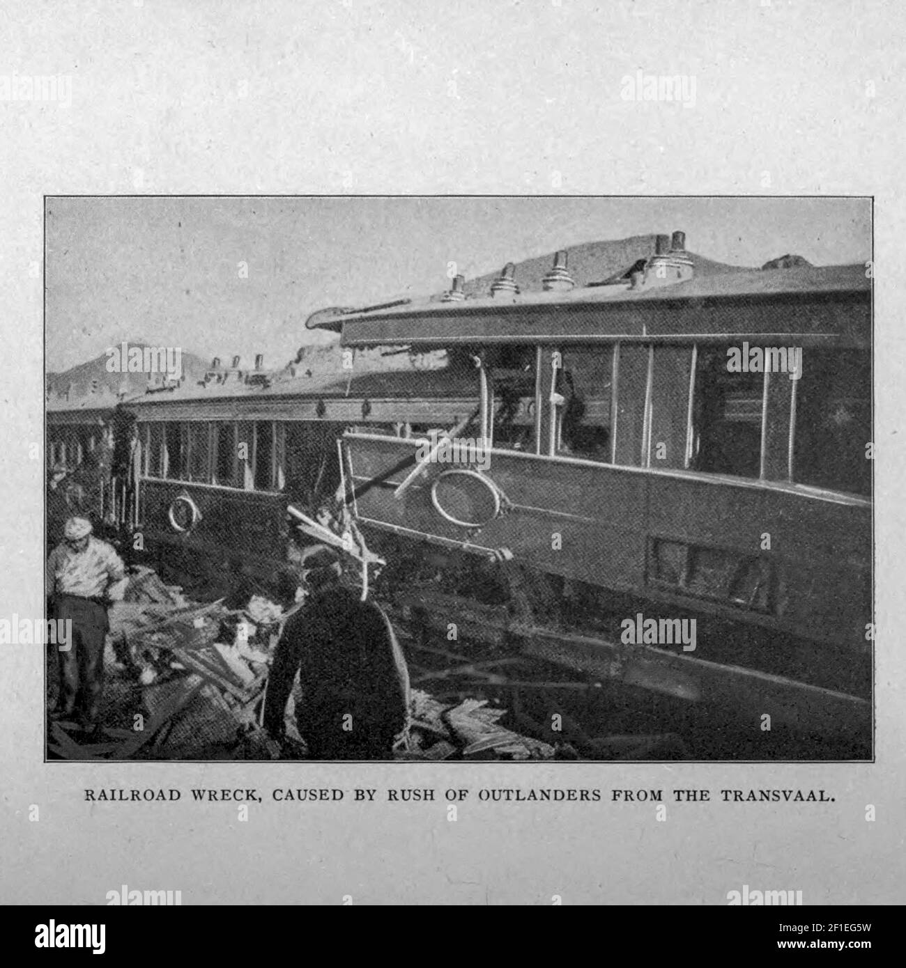 Railroad wreck caused by the Rush of Outlanders from the Transvaal from the book ' Boer and Britisher in South Africa; a history of the Boer-British war and the wars for United South Africa, together with biographies of the great men who made the history of South Africa ' By Neville, John Ormond Published by Thompson & Thomas, Chicago, USA in 1900 Stock Photo