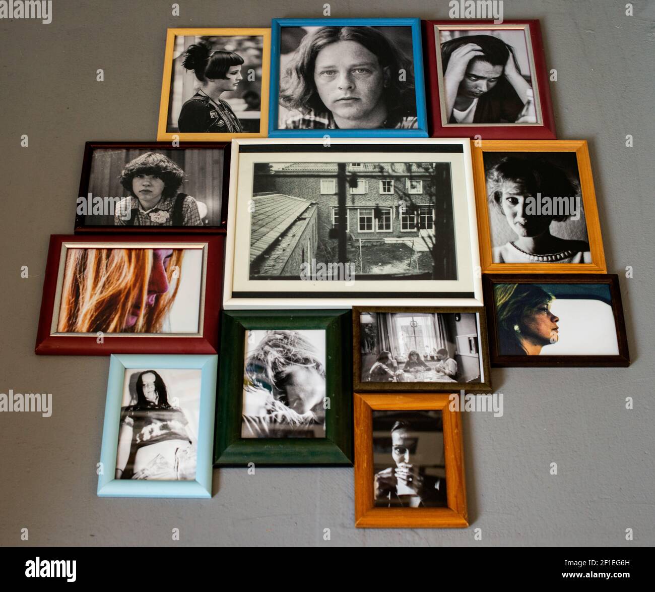 Tilburg, Netherlands. analog, mostly Black & White, photocollection, framed and grouped together on a studio floor prior to display during an exhibition. Stock Photo