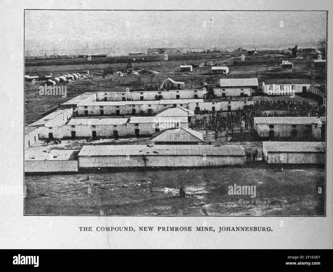 The Compound New Primrose Mine, Johannesburg from the book ' Boer and Britisher in South Africa; a history of the Boer-British war and the wars for United South Africa, together with biographies of the great men who made the history of South Africa ' By Neville, John Ormond Published by Thompson & Thomas, Chicago, USA in 1900 Stock Photo