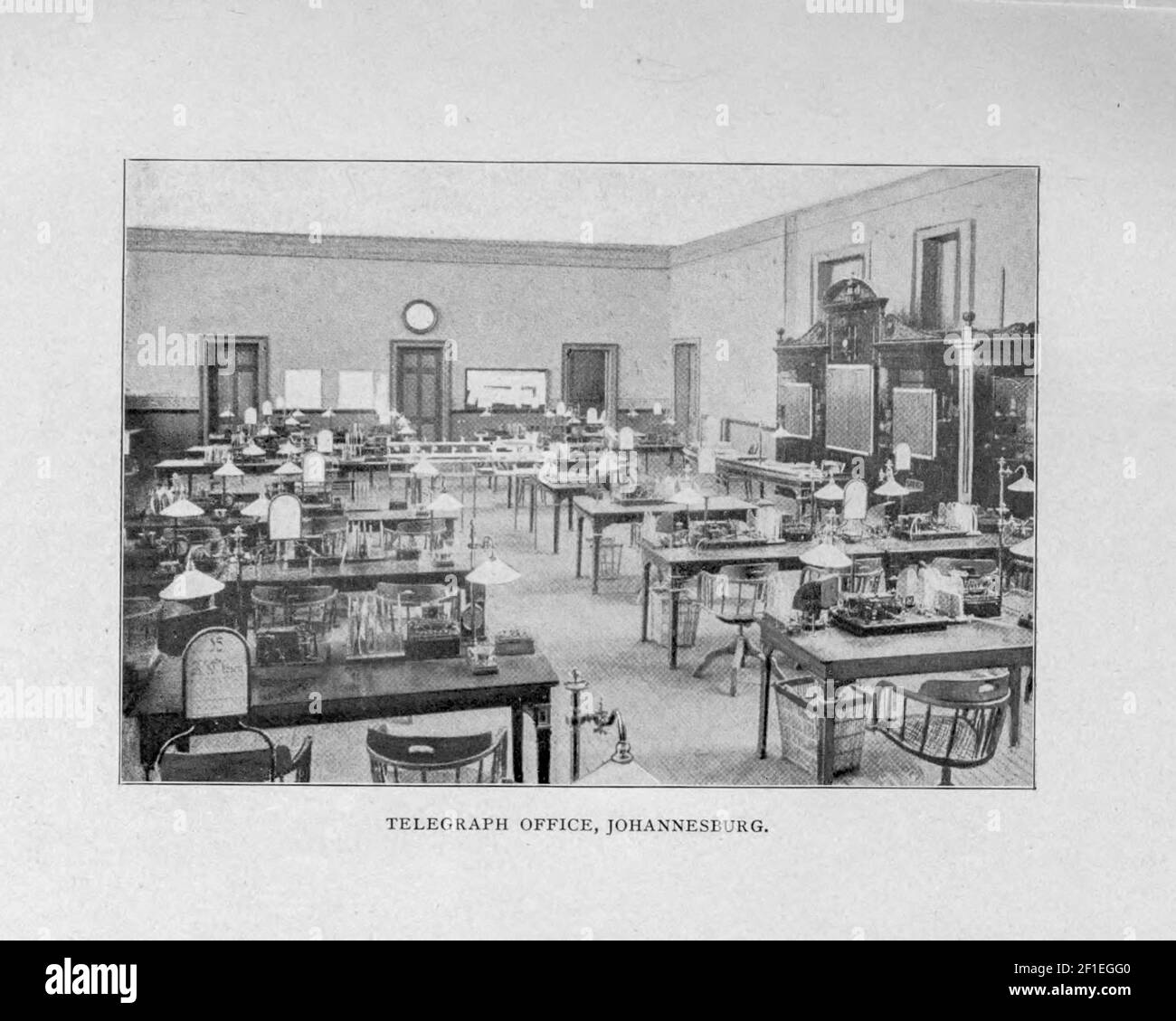 Telegraph Office, Johannesburg from the book ' Boer and Britisher in South Africa; a history of the Boer-British war and the wars for United South Africa, together with biographies of the great men who made the history of South Africa ' By Neville, John Ormond Published by Thompson & Thomas, Chicago, USA in 1900 Stock Photo