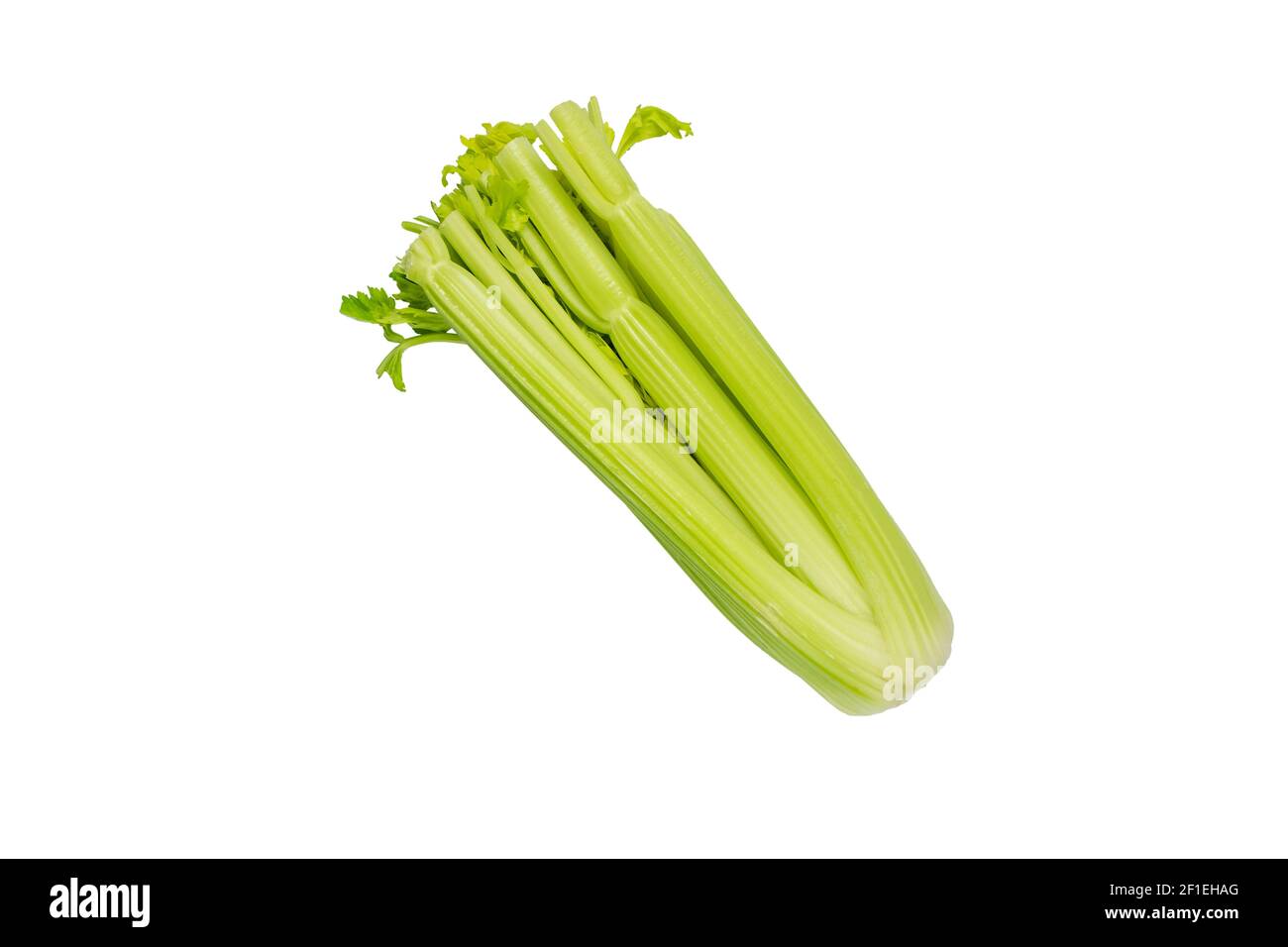Green celery stalks with cutted top isolated on white Stock Photo