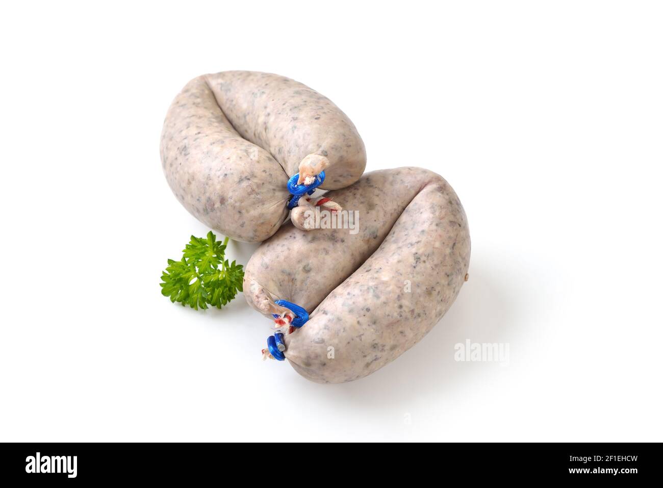 Two fresh Bavarian liver sausages, such as those used for hearty German meat platters, on white background Stock Photo