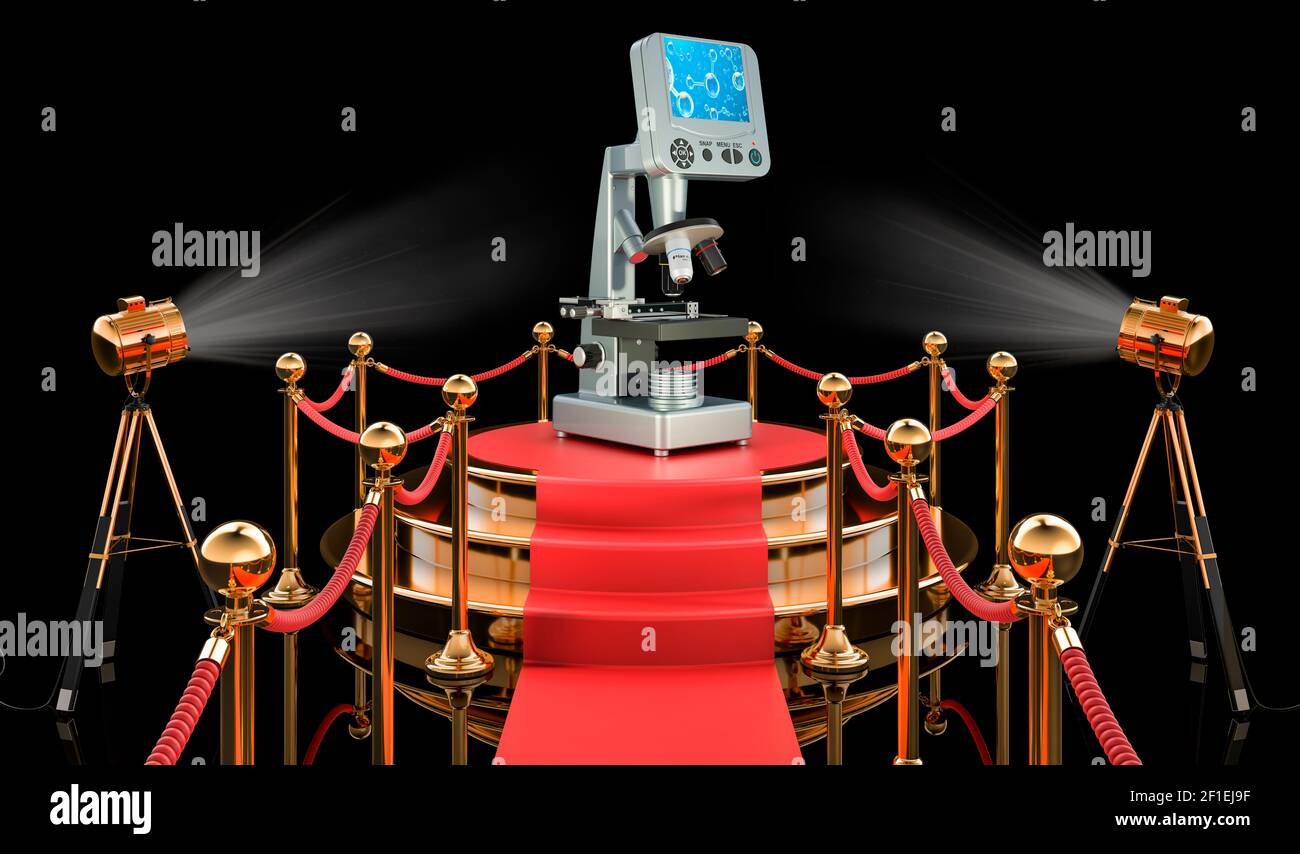 Podium with digital microscope, 3D rendering isolated on black background Stock Photo