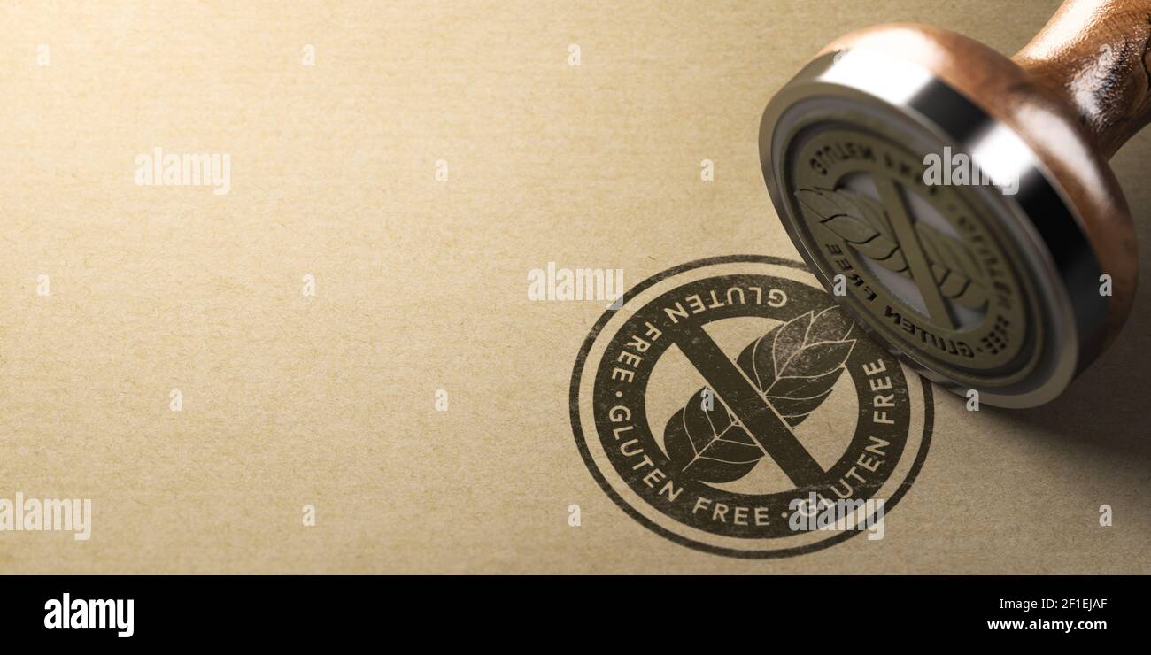 Rubber stamp with the label gluten free printed on a brown paper background with copyspace on the left side. Stock Photo