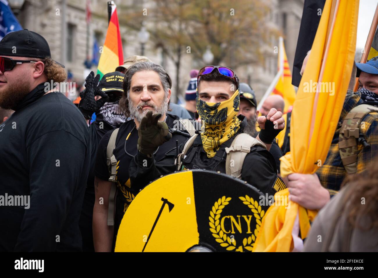 The far-right extremist group the Proud Boys take part in the 'Stop the Steal' rally on December 12, 2020 in Washington, DC. Stock Photo