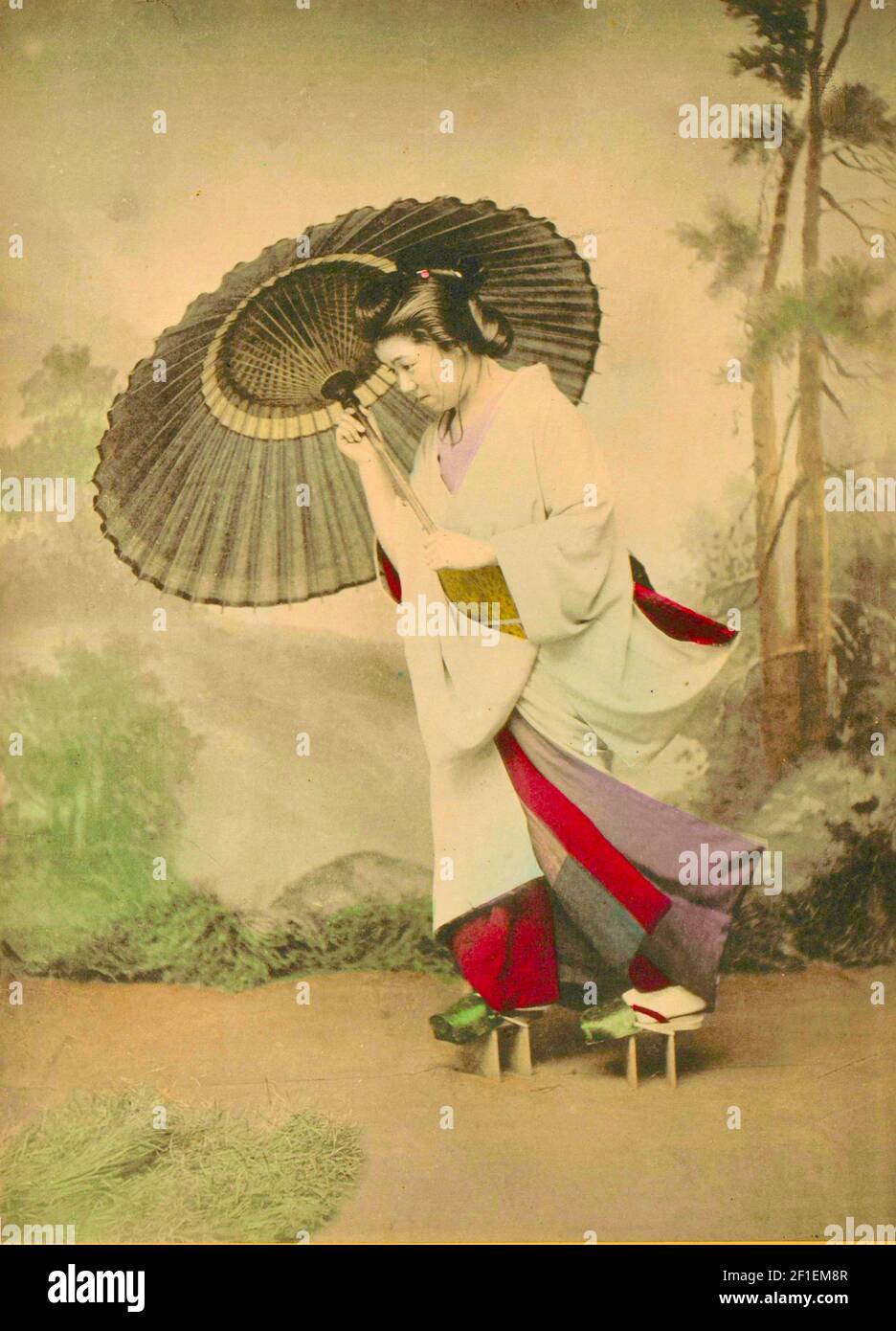 Venturing out in the Rain by Ogawa Kazumasa - A woman in traditional ...