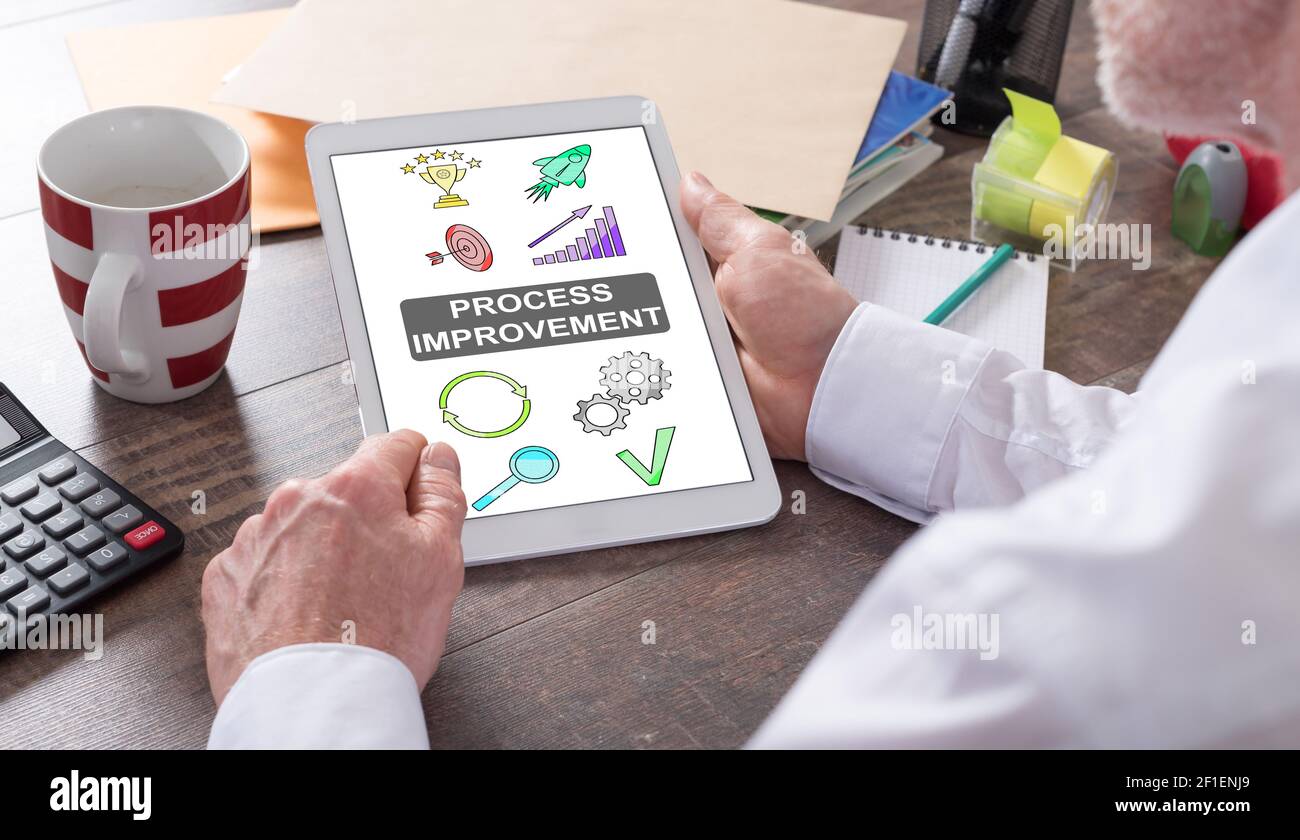 Process improvement concept shown on a tablet held by a man Stock Photo