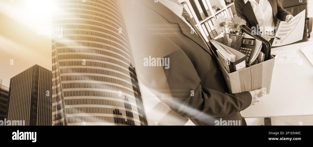 Employee laid off by a businesswoman; multiple exposure Stock Photo Alamy