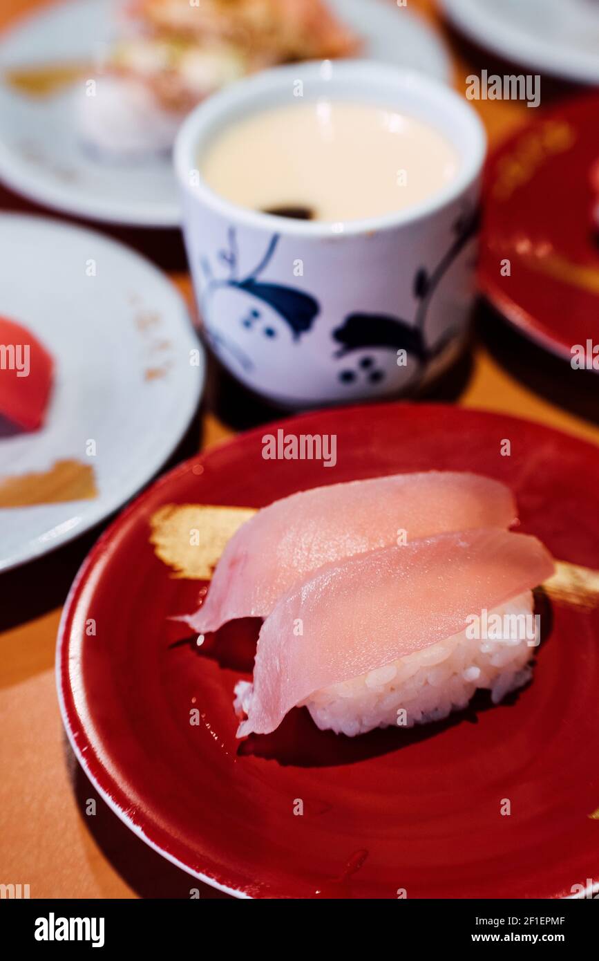 Taipe, Taiwan - December 13 2020: Sushiro restaurant in Taipe, Taiwan. Sushiro is the large chain of conveyor belt sushi restaurant in Japan. Stock Photo