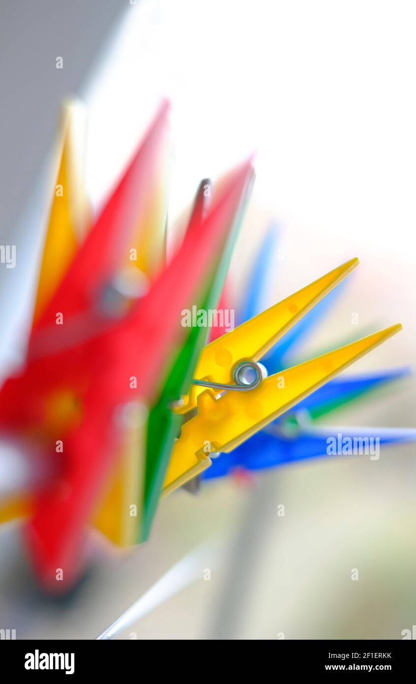colourful plastic clothes line pegs Stock Photo Alamy