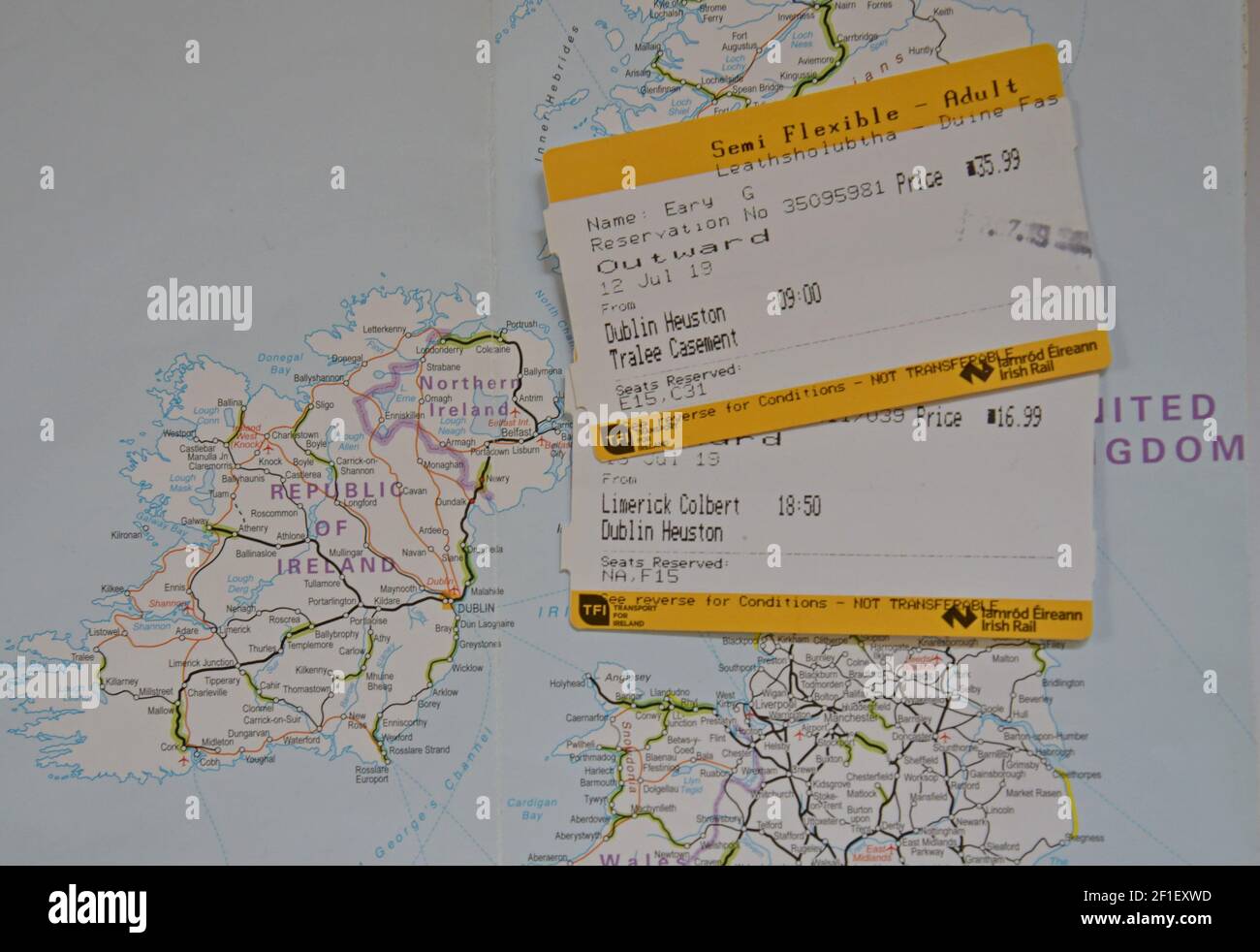 Iarnród Éireann -  Irish Railways - train tickets on a rail map showing Ireland's railways Stock Photo